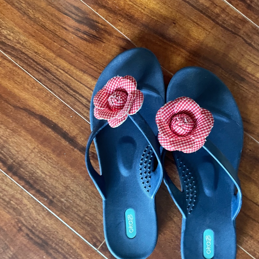 OKA b. Navy Sandals with Red Gingham Flowers